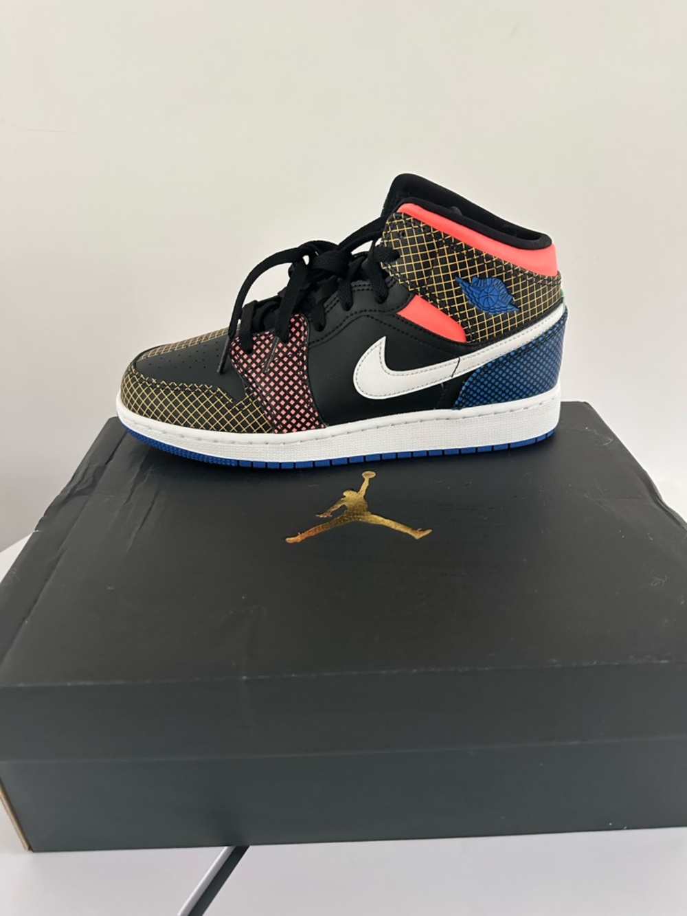 Jordan Kids Black White Blue Pink Accent Sneakers